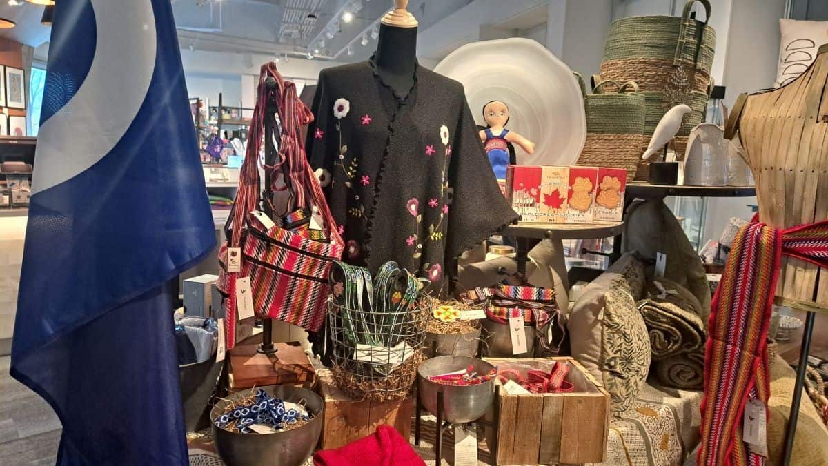 A display showcasing beautiful Métis products at the Canadian Museum of Human Rights Boutique