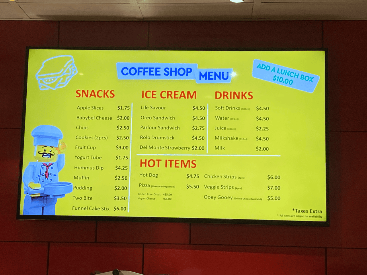 Cafe and restaurant prices and menu at the Legoland Discovery Center