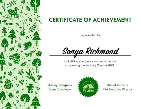 Certificate of achievement for the Sudbury Camino