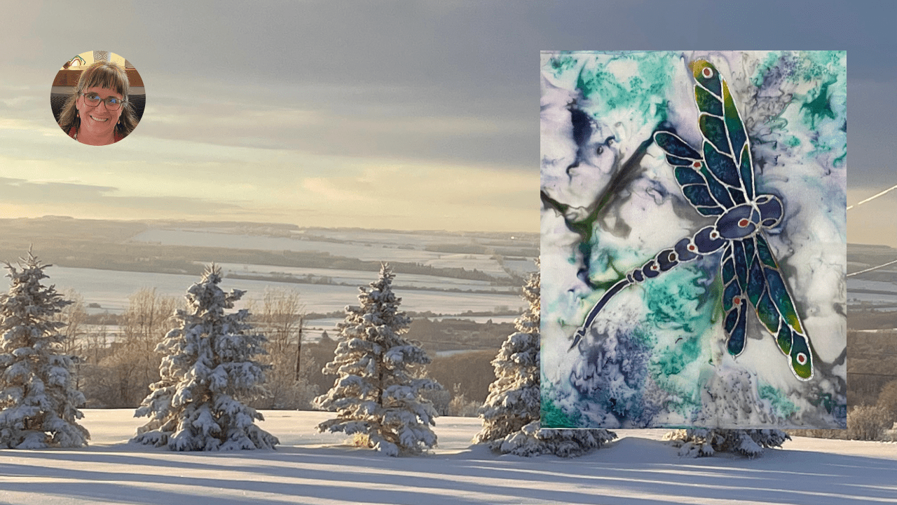 Image paint collage of a silk painting dragon fly on a winter landscape.