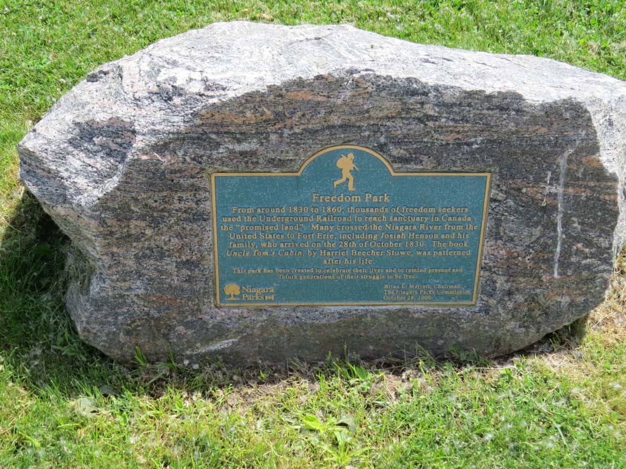 Plaques mark historically important locations for Black History on the Trans Canada Trail such as Freedom Park, Niagara