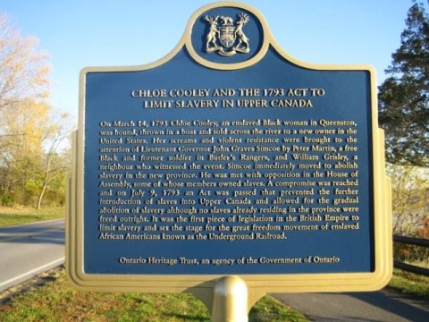 Plaque commemorating Chloe Cooley's role in inspiring the 1793 Act to Limit Slavery in Upper Canada