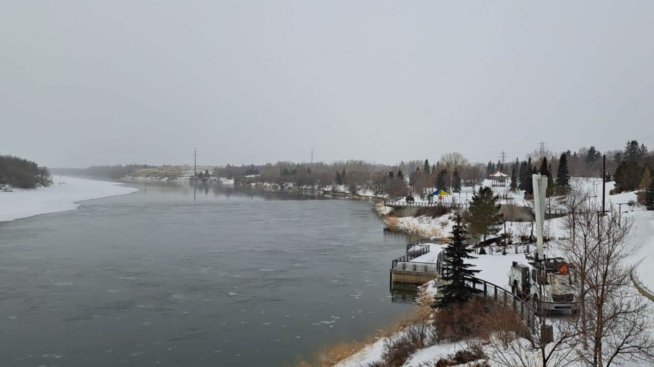 Meewasin Valley from Rivers Landing on a snowy day over looking the Meewasin Valley itself in teh City of Saskatoon.