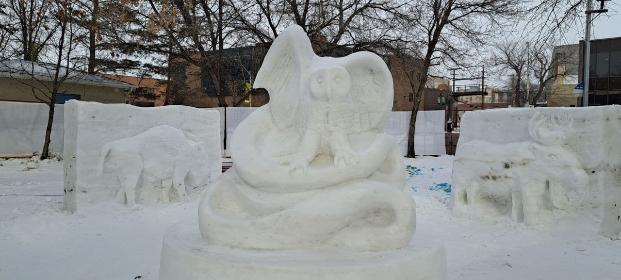 Owl, bison and moose snow carving display in Saskatoon, Saskatchewan Canada is a very popular winter event.