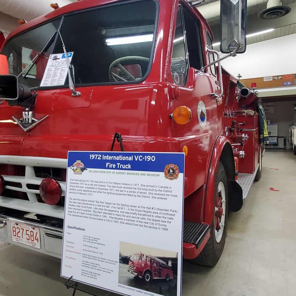 This 1972 Fire Truck is on loan from City of Surrey Archives and Museum. The vehicle started off at Fire Hall #2 (Kwantlen Park) in Surrey BC Canada
