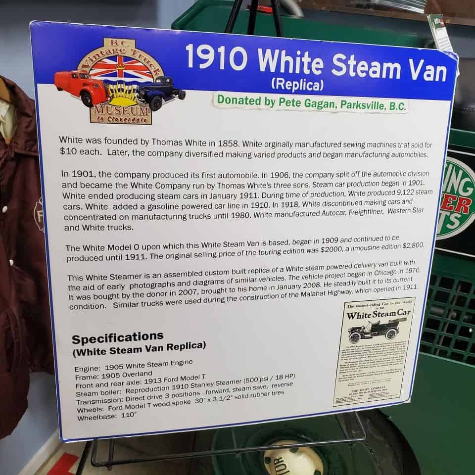 Replica of an 1910 White Steam Van is one of over 30 vintage trucks at the museum. This sign tells something of its British Columbia history.
