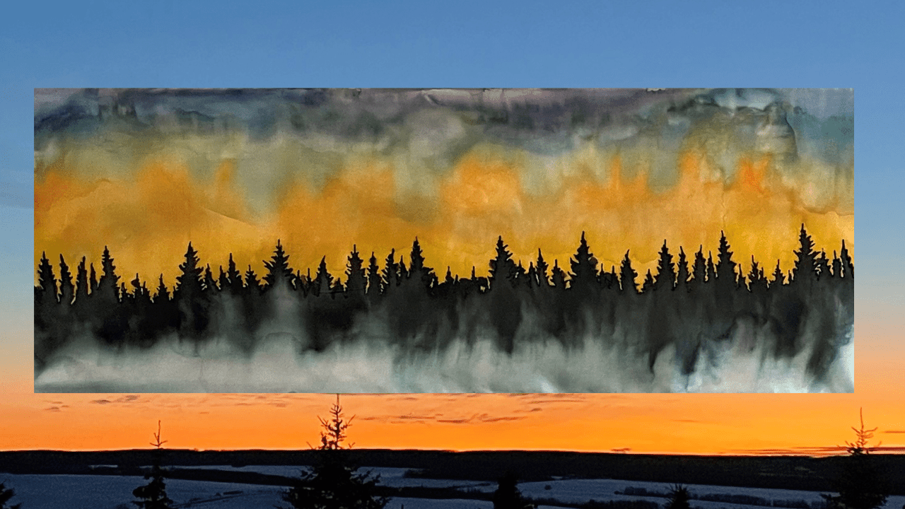 collage of a sunset photograph background with an original silk painting Into the Forest by Lorna Penner