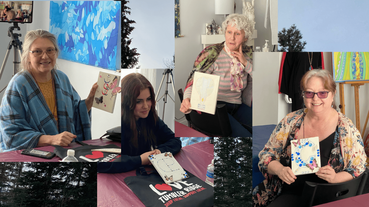 Collage of four images with women showing their craft project in Northern British Columbia Canada.