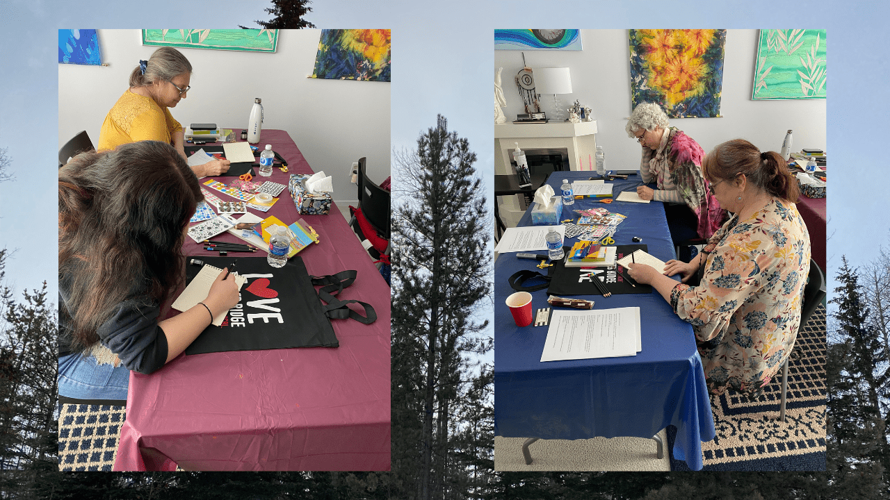 Image collage of women doing crafts on a background with blue sky and trees in Tumbler Ridge.