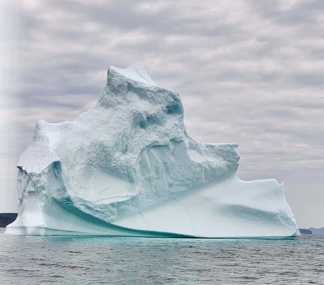 A large iceberg floats below the cliffs in Conception Bay, Newfoundland and Labrador, Canada in 