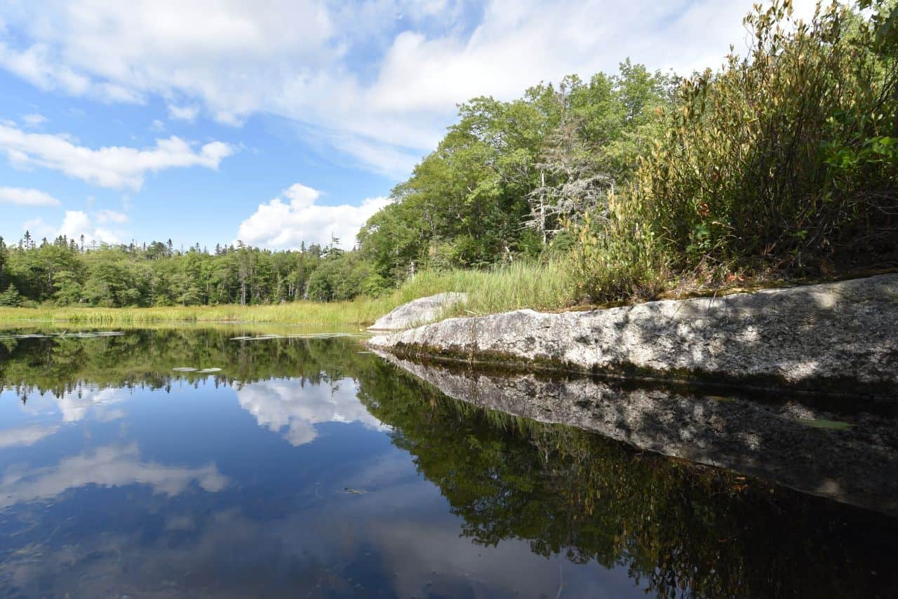 Hikers and cyclists can rest beside picturesque ponds with near perfect reflections along the Musquodoboit Trail, NS
