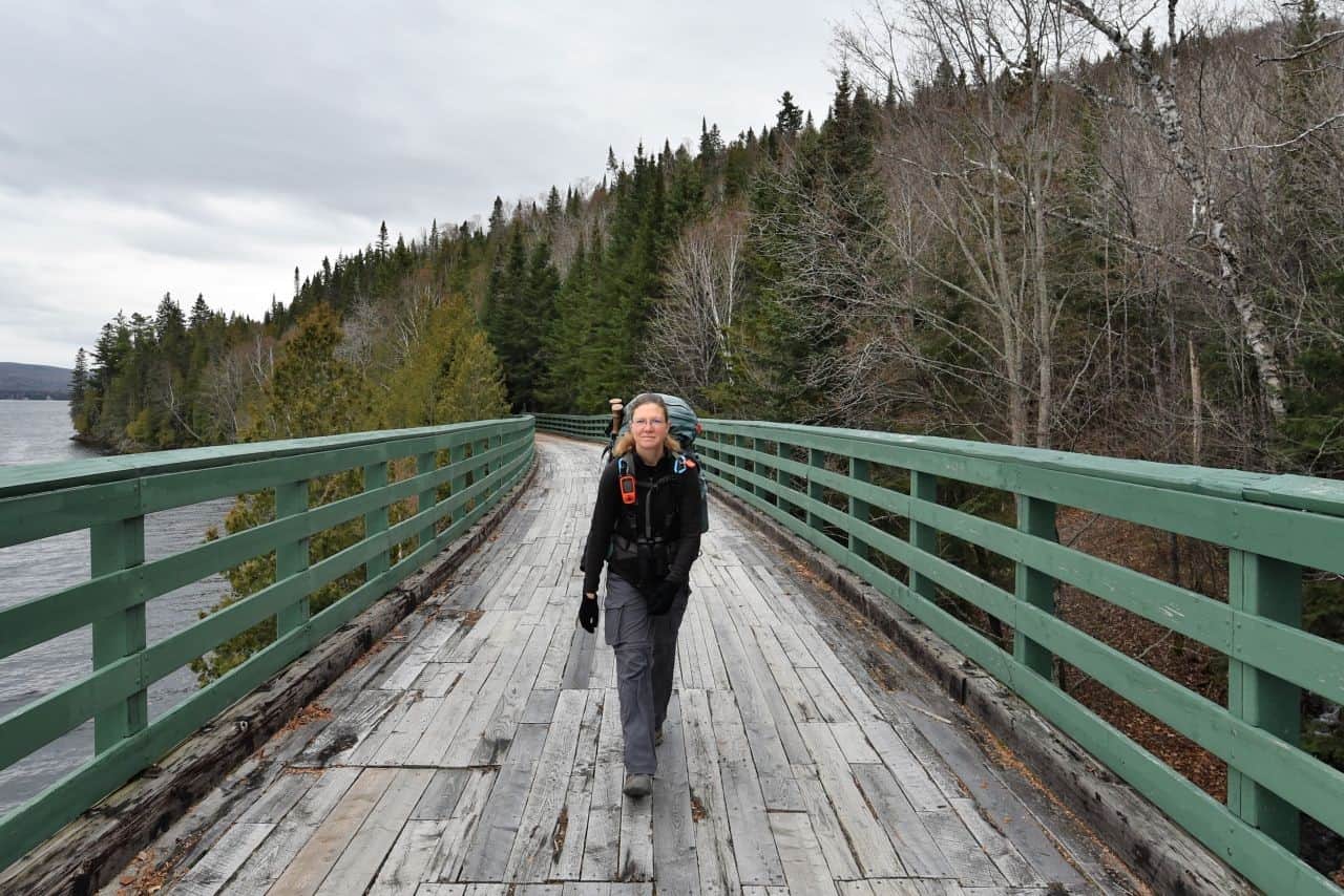 Trestle bridges take hikers and cyclists over rivers and streams on Le Petit Temis, QC, Canada.