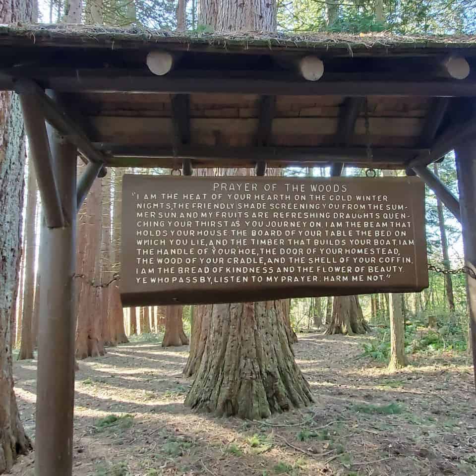 A large wooden sign hangs in the park in Surrey BC Canada. Prayer of the Woods reminds us of the value of trees.
