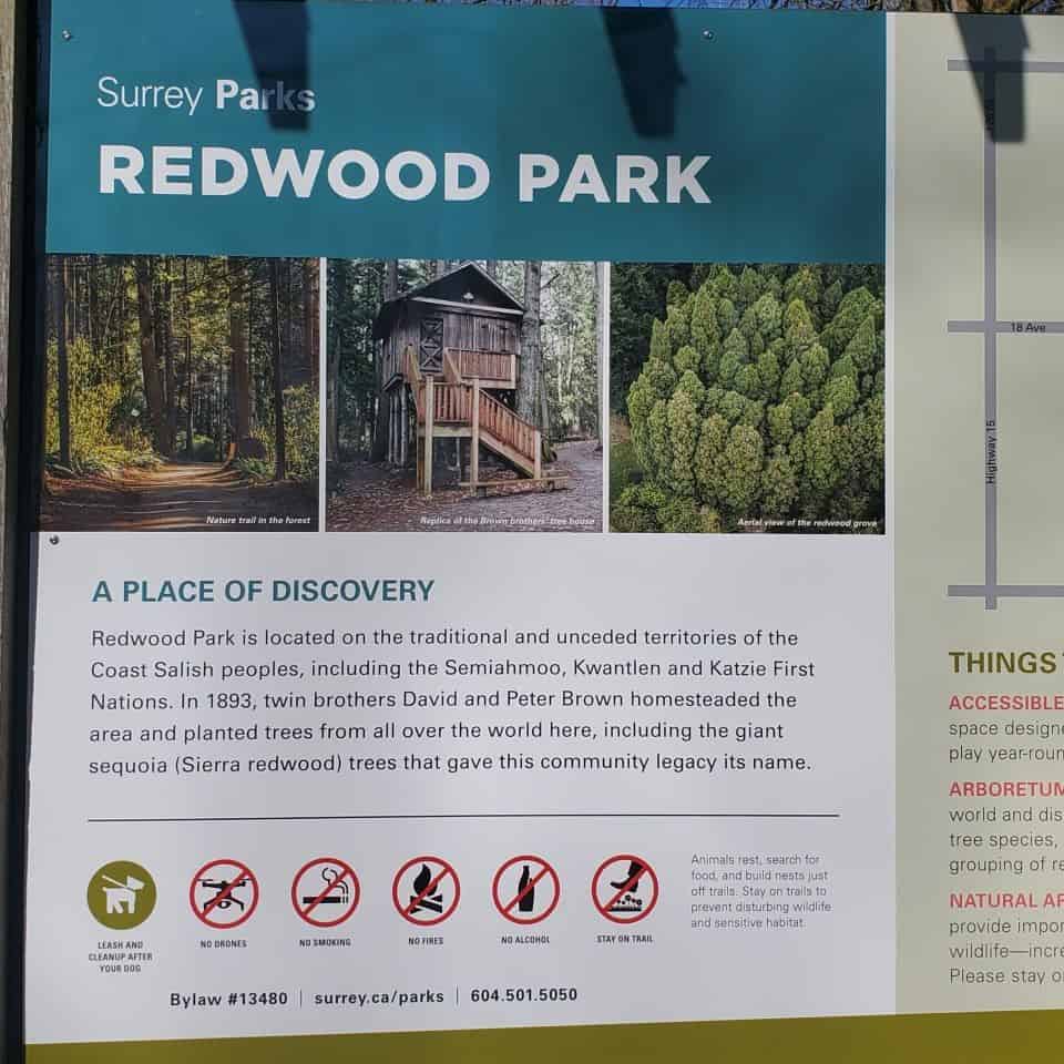 Signage at Redwood Park in Surrey British Columbia Canada. Hike, walk, jog, or explore the playgrounds. Picnic areas are plentiful.