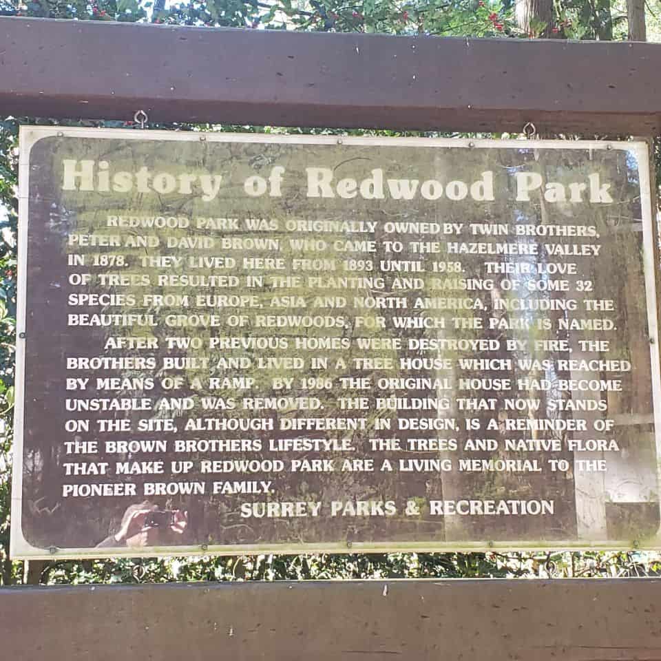 Signage tells the History of Redwood Park. The park has trails that are accessible. It also has a wheelchair-accessible playground.