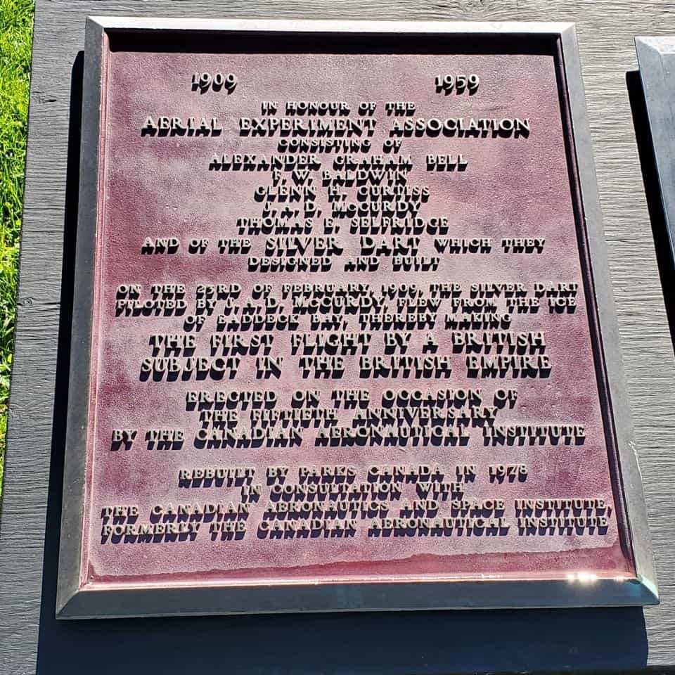 A plaque in honour of the Aerial Experiment Association is shown outside the Alexander Graham Bell National Historic Site.