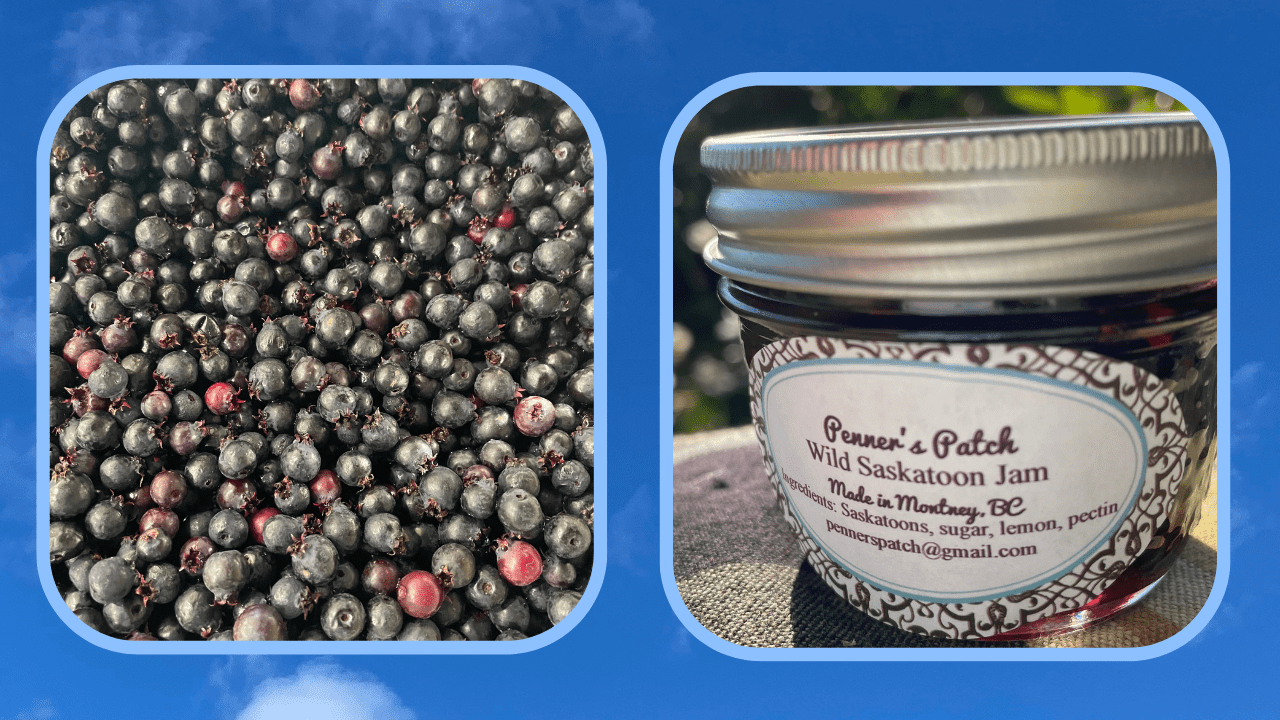 Saskatoons and jam made by Lorna Penner of Penner's Patch, Fort St. John British Columbia Canada.