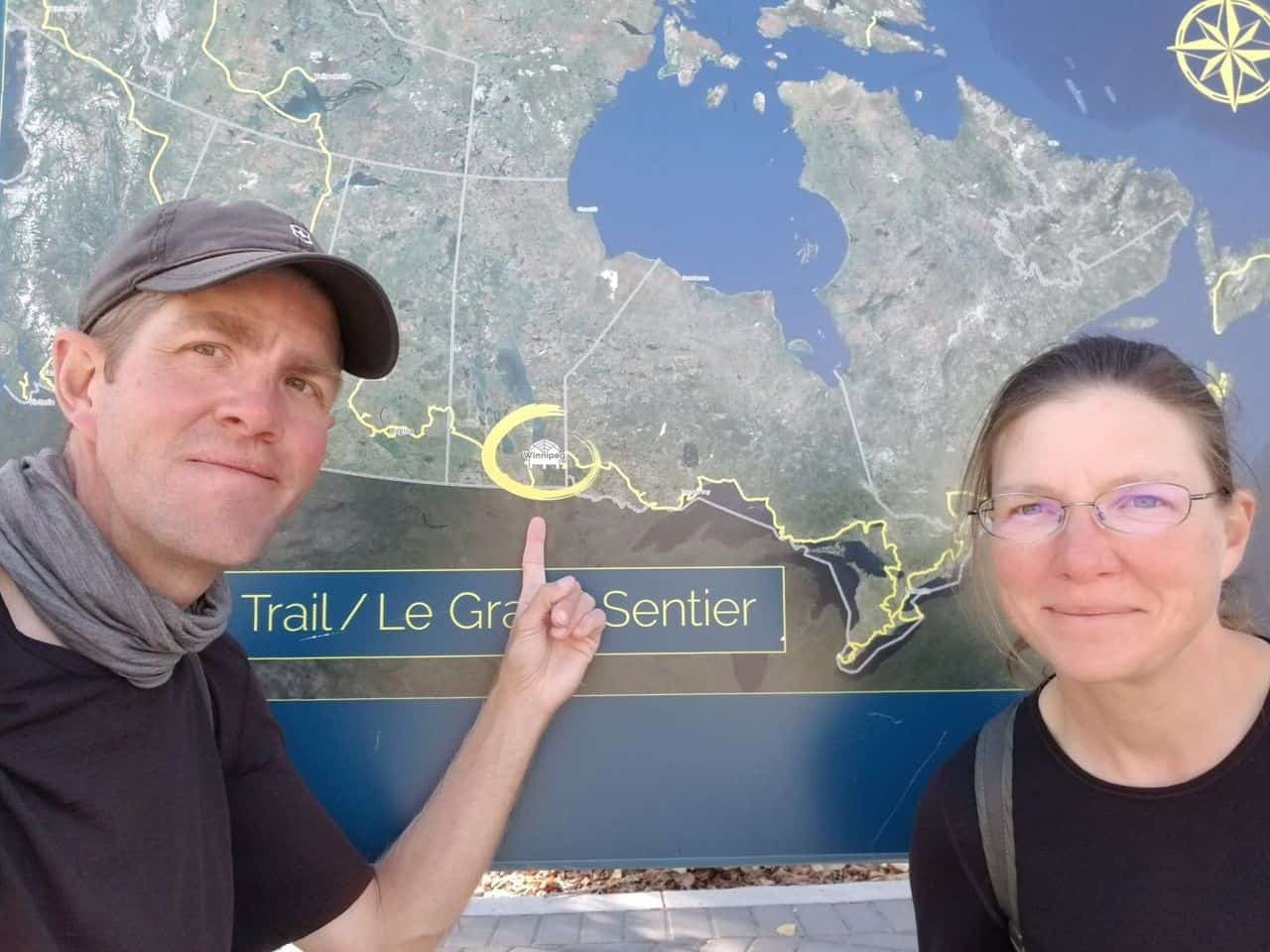 Winnipeg, Manitoba is about half-way between the Atlantic and Pacific Oceans for cross-Canada hikers on the Trans Canada Trail like Sonya Richmond and Sean Morton.
