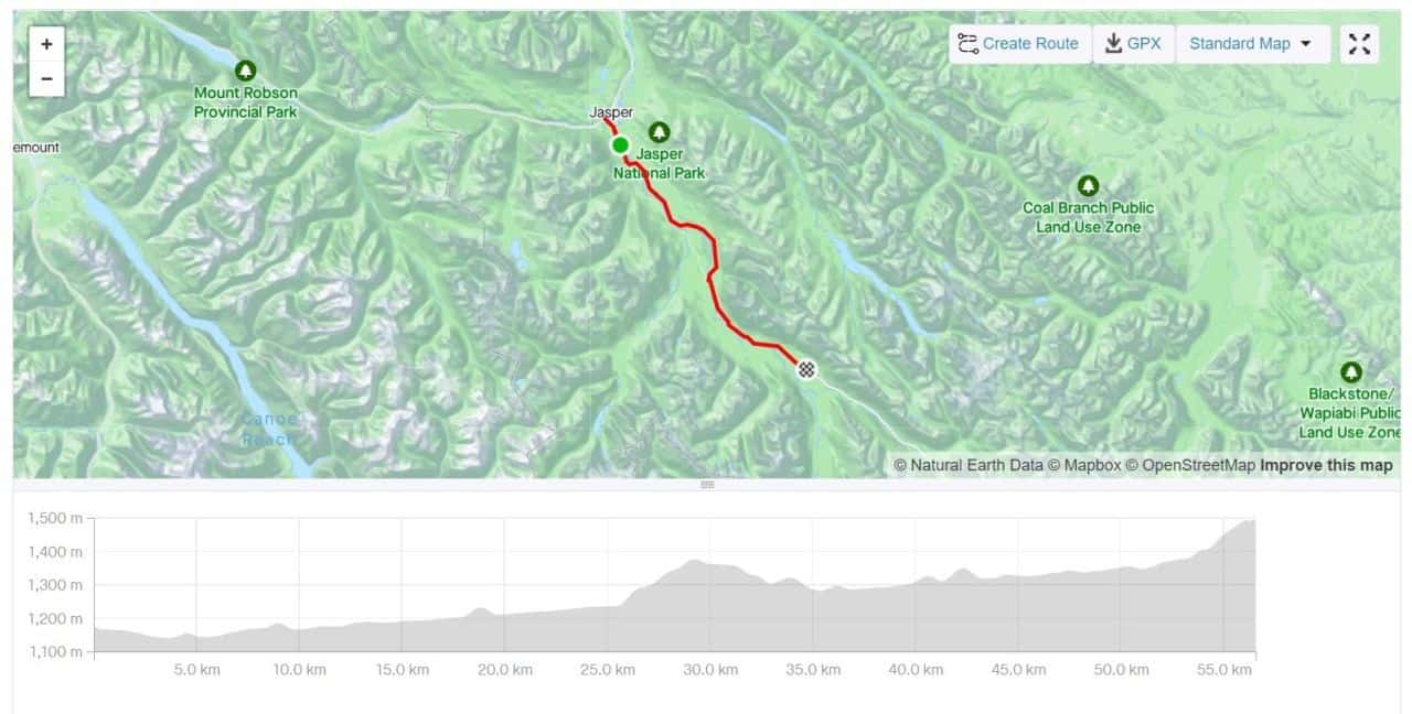 This is a map and elevation profile of our ride on the Icefields Parkway from Wapiti Campground to Jasper and finishing at the Honeymoon Lake Campground.