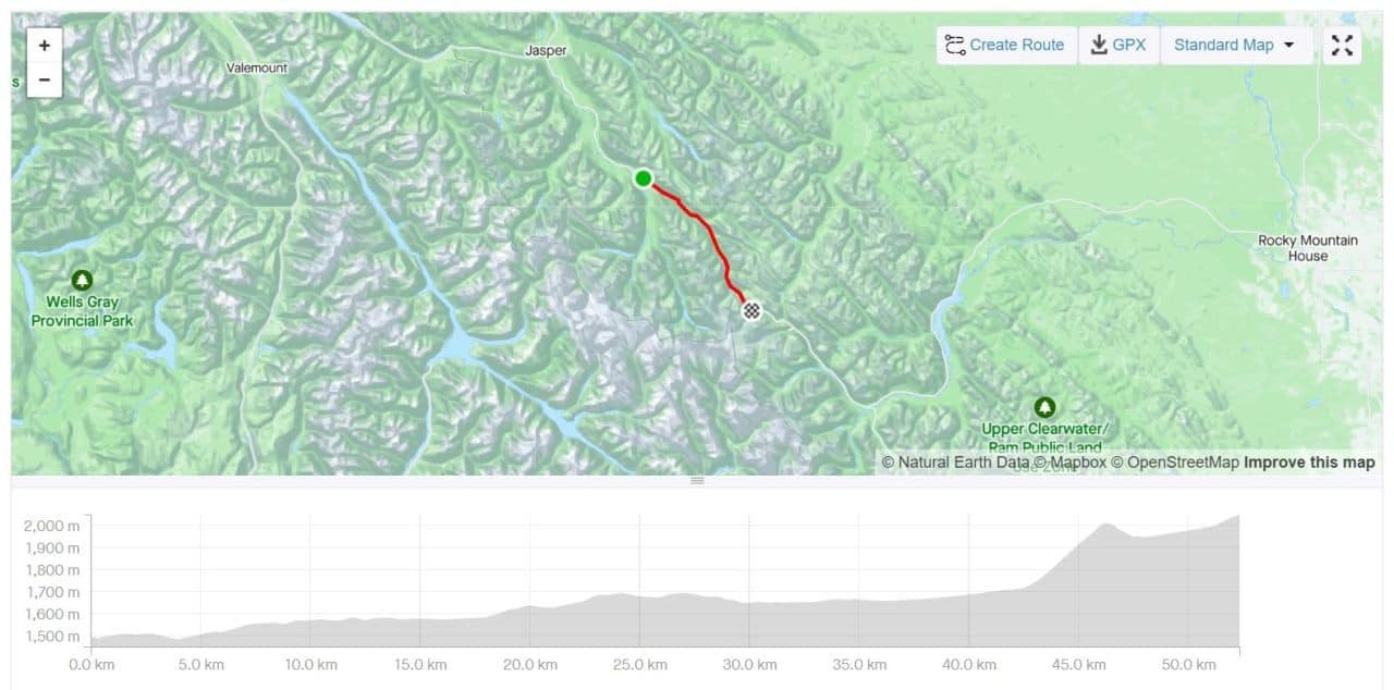 The map and elevation profile of our ride from the Rampart Creek Campground to our lunch stop at the Columbia Icefields Glacier Discovery Centre in Jasper National Park Alberta Canada.