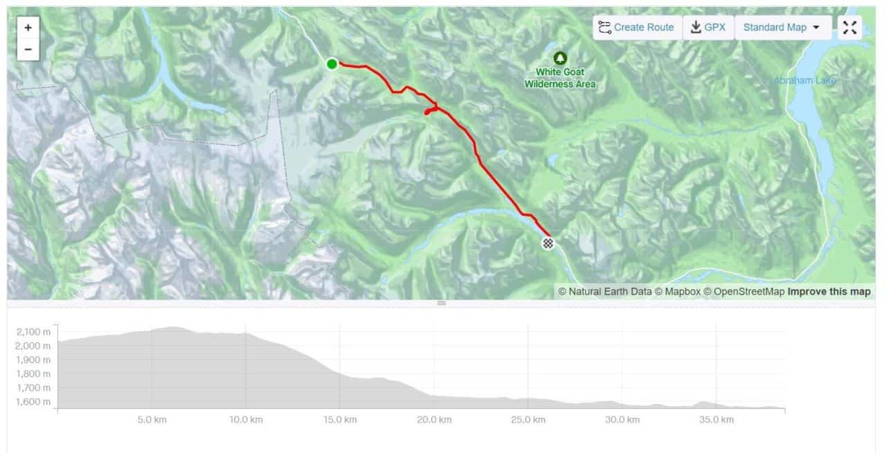 The map and elevation profile of the ride from the Columbia Icefields Discovery Centre, down the big hill and to Rampart Creek in Jasper National Park Alberta Canada.