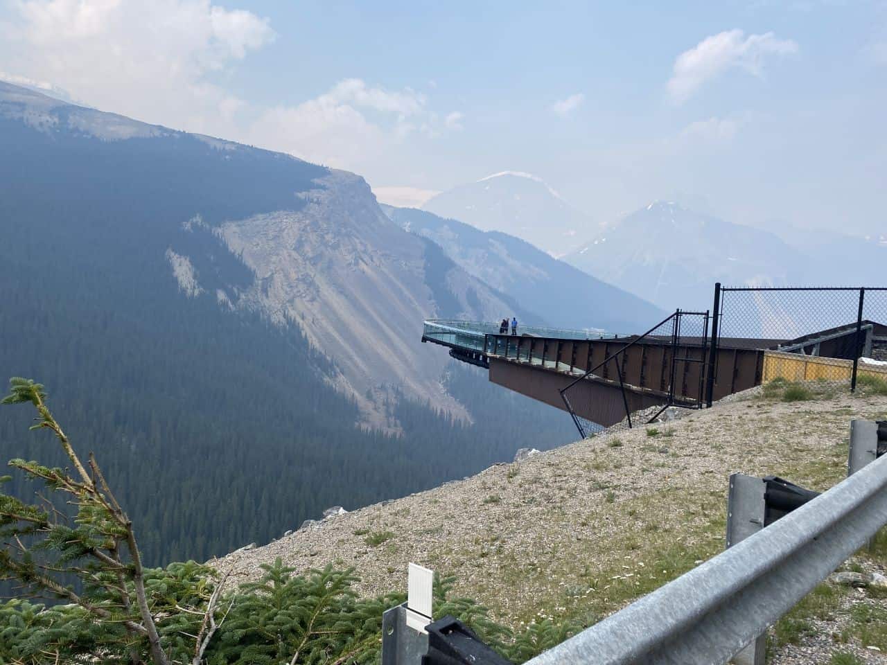 The Columbian Icefields Skywalk in Jasper National Park , Alberta, Canada is 1 km long interpretive trail with a glass bottom walkway that extends out over the valley 280m below. This is one of the top attractions in the Canadian Rocky Mountains.