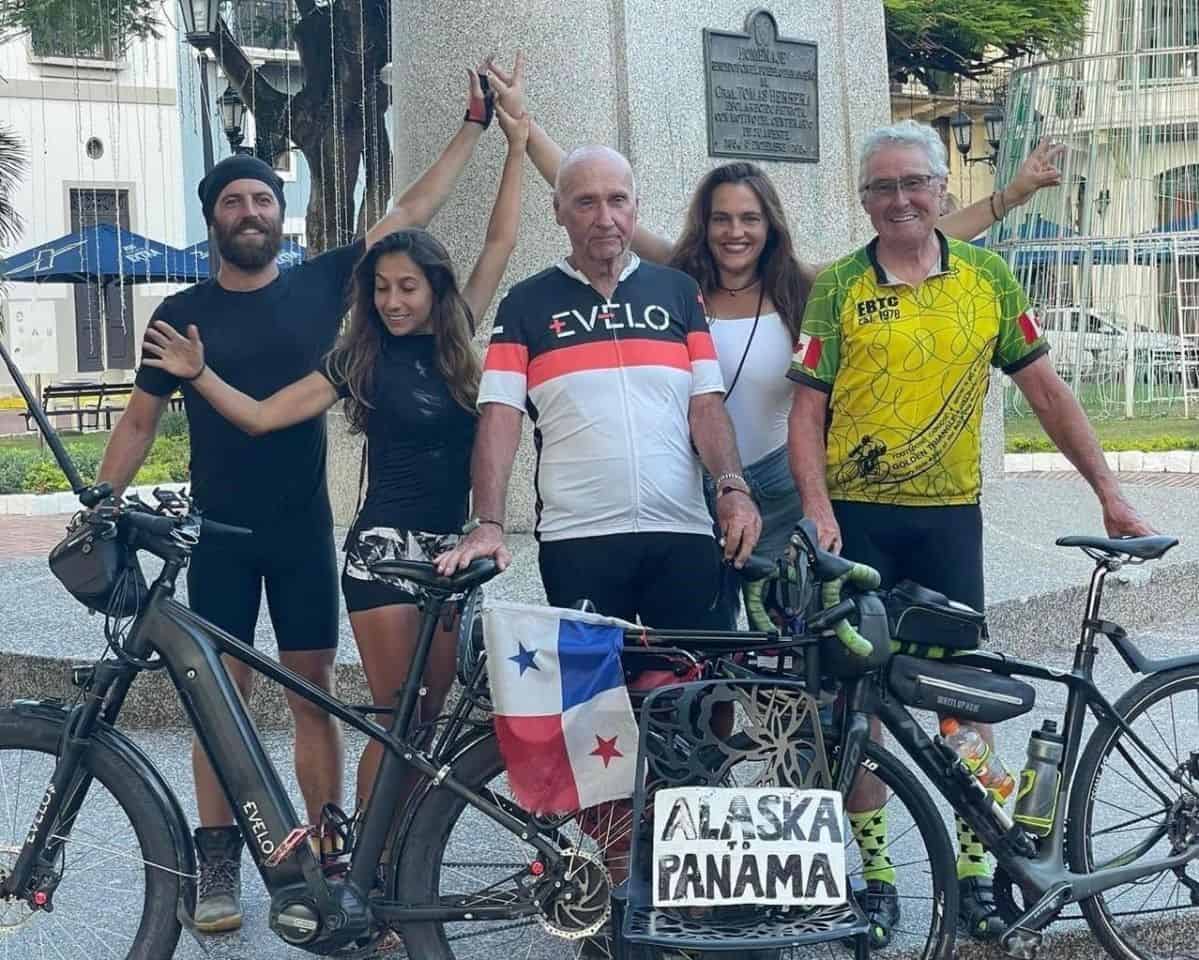 The adventure cyclists, Robert Fletcher and Wayne Grover along with an international adventure seeking support team arrive at the Octogenarian Odyssey Guinness World Record trip finish line in Casco Veijo Panama City, Panama