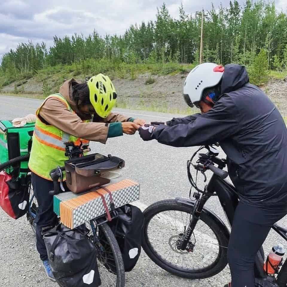 Greeting a fellow adventure cyclist