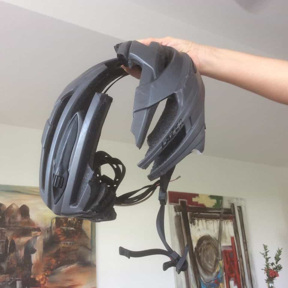 What is left of Robert Fletcher's cycling helmet after a bike crash at the age of 76