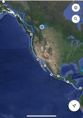 A map of the Octogenarian Odyssey's route from Alaska to Panama