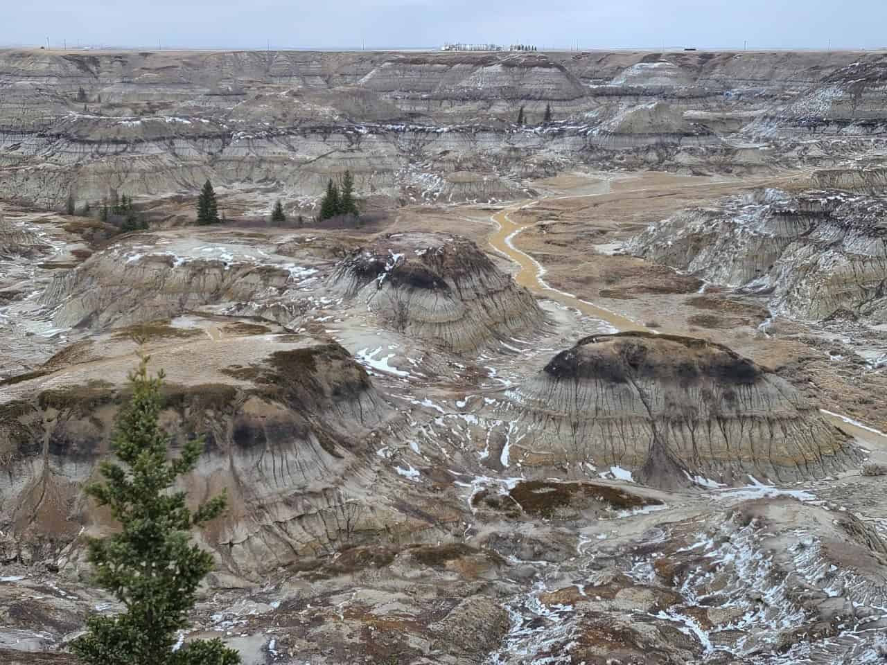 A lightly snowy view of Horseshoe Canyon in Drumheller Alberta Canada