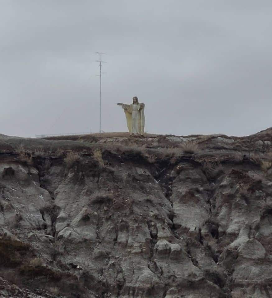 An unlikely site to find in the Dinosaur Capital of the World, a huge Jesus statue