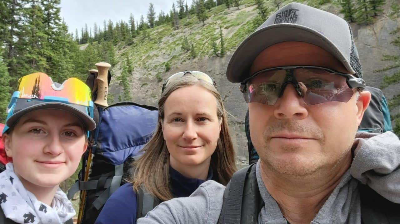 A selfie of a family having fun backcountry hiking to Celestine Lake in Jasper National Park Alberta Canada