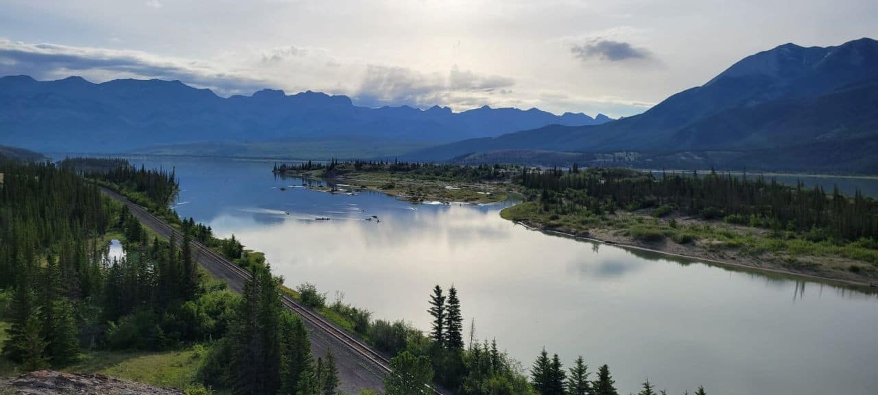 A view of the Athabasca River in Jasper National Park Alberta Canada taken from the Celestine Lake Road and backcountry hiking trail access