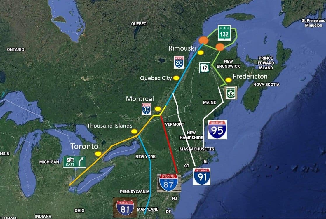 USA Routes to Gaspe Peninsula when roadtripping the province of Quebec Canada.