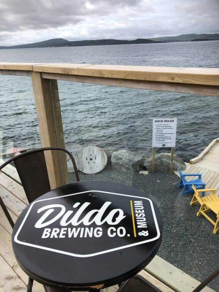 Patio of Dildo Brewery in Newfoundland and Labrador Canada. Beers and sightseeing in the Atlantic.