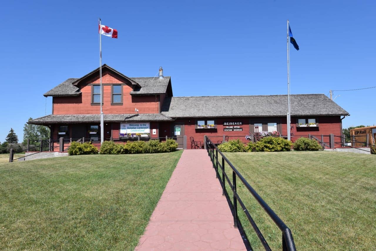 The Meadowlark rail trail connects Beiseker and Irracana, Alberta, offering hikers and cyclists the opportunity to learn about local history at the Beiseker Station Museum.