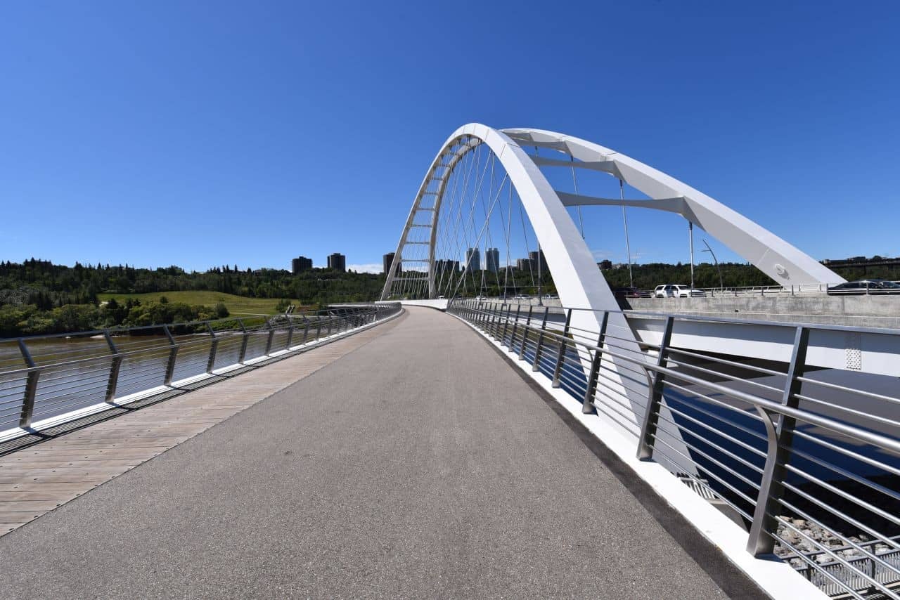 Pedestrian bridges over the North Saskatchewan River are an important part of the River Valley Trail in Edmonton, Alberta.
