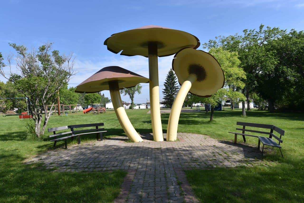 Roadside attractions like the World's Largest Mushrooms in the historic village of Vilna, Alberta are part of the Iron Horse Trail's charm.