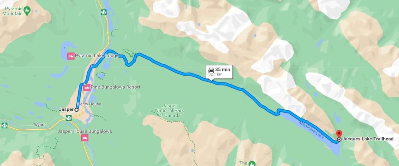 Directions to the Jacques Lake trailhead from Jasper. Image Credit: Google Maps