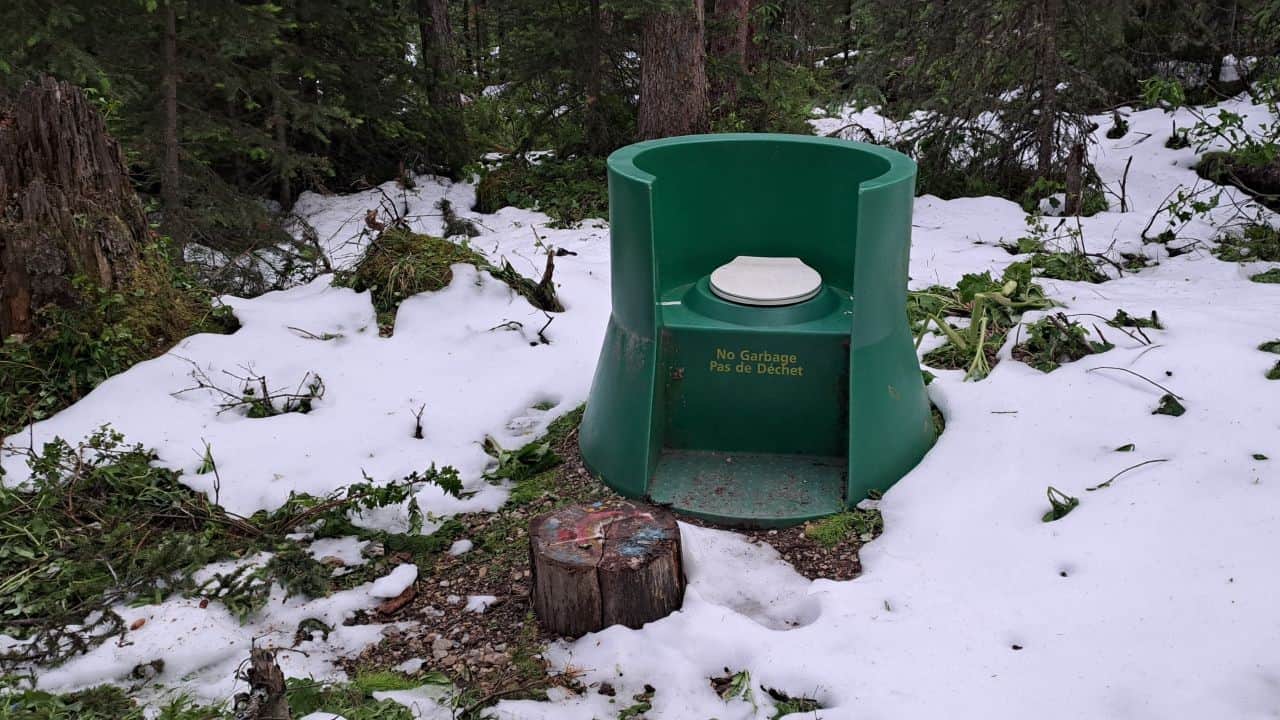 An outdoor toilet at Jacques Lake Campground in Jasper National Park