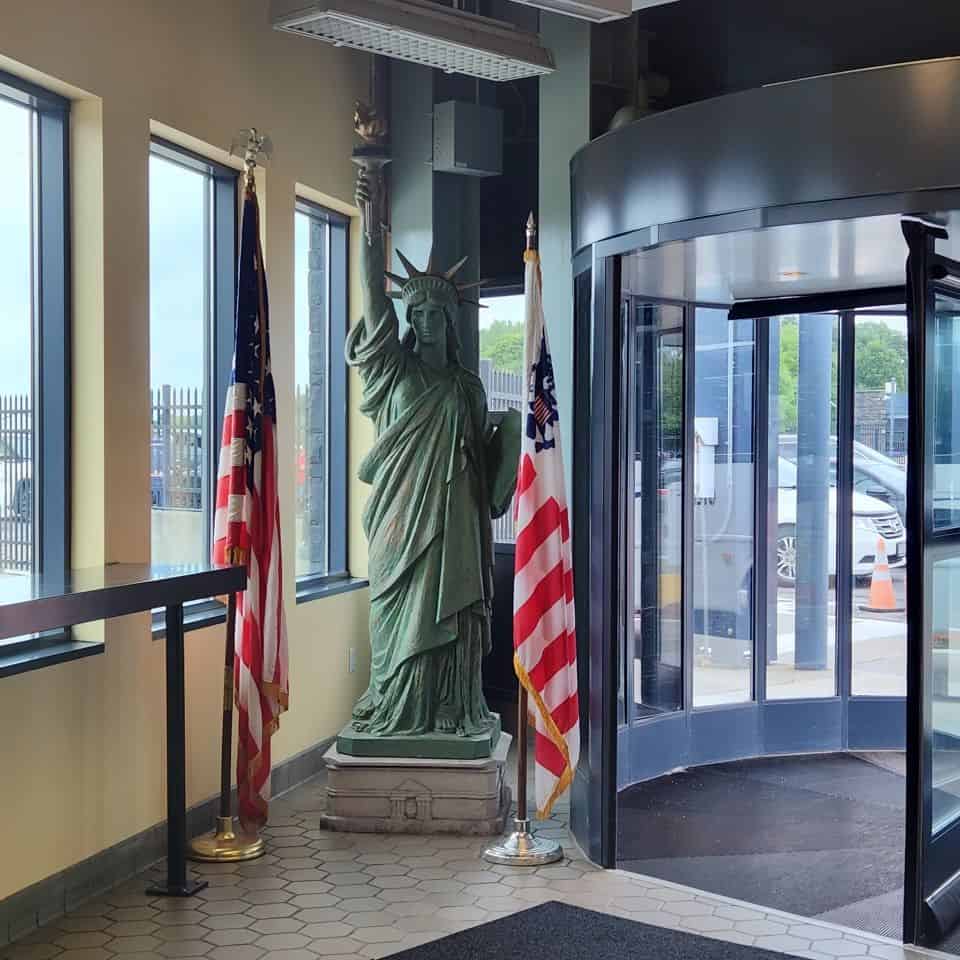 Small Statue of Liberty at the border crossing from Ontario to New York USA viewing Niagara Waterfalls