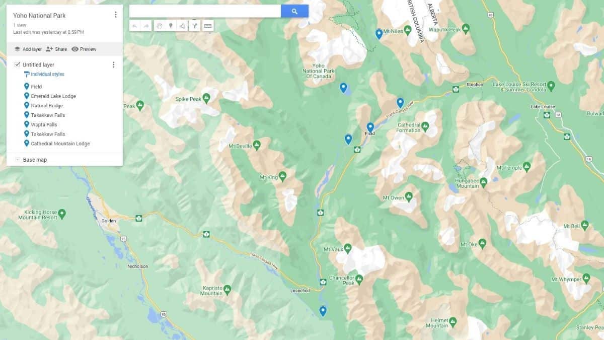 A custom My Google Map showing the locations of the Yoho National Park attractions and the village of Field BC