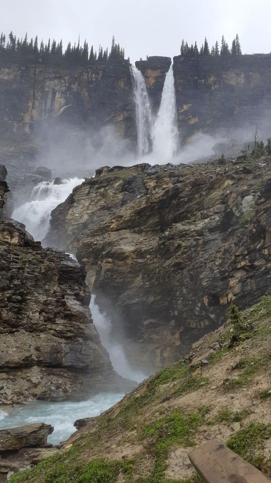 A set of twin cascading waterfalls in the Canadian Rocky Mountains near Field BC