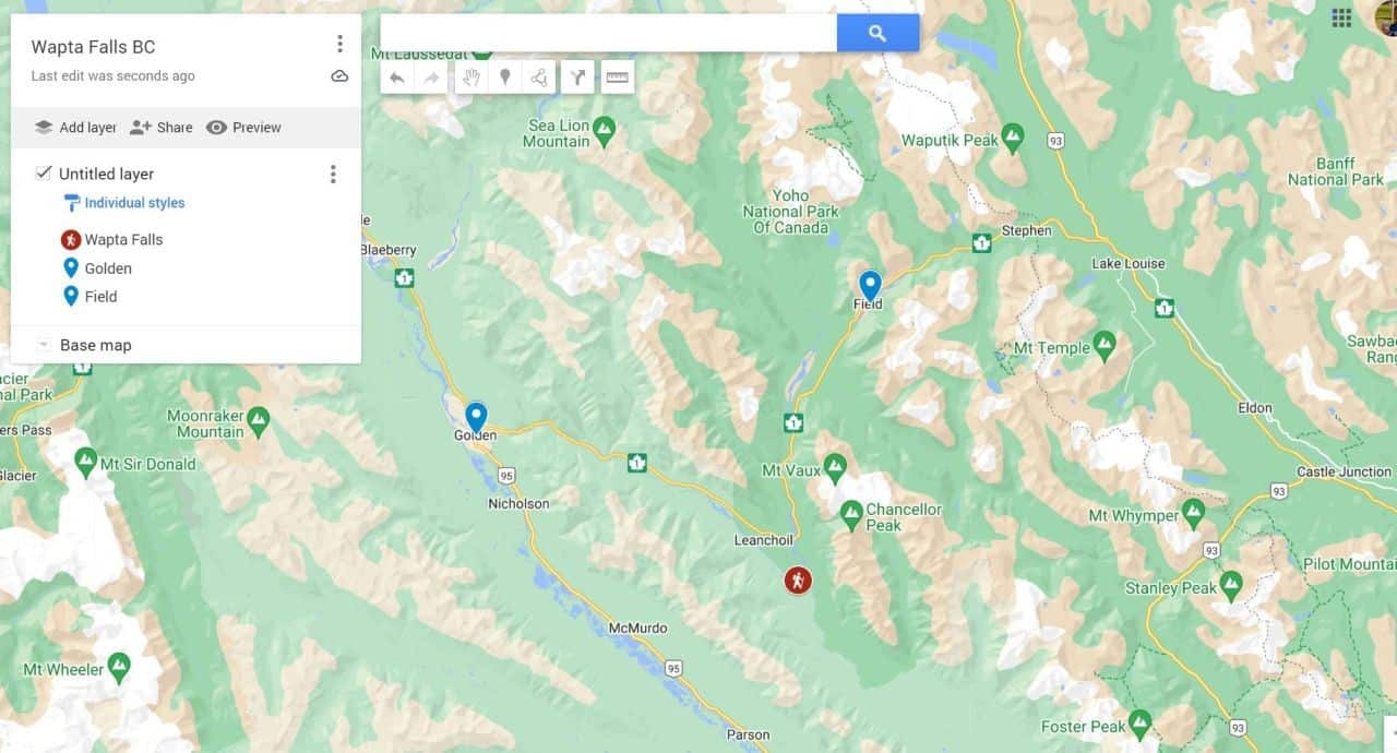 A custom map of Wapta Falls Yoho National Park in relation to the Town of Golden and the Village of Field BC.