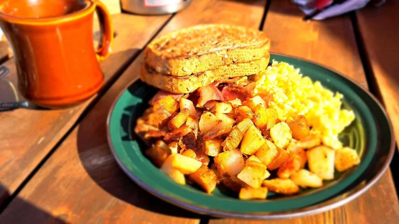 scrambled eggs, hash browns, bacon and toast make for a delicious breakfast at Big Bend Café in Golden BC Canada