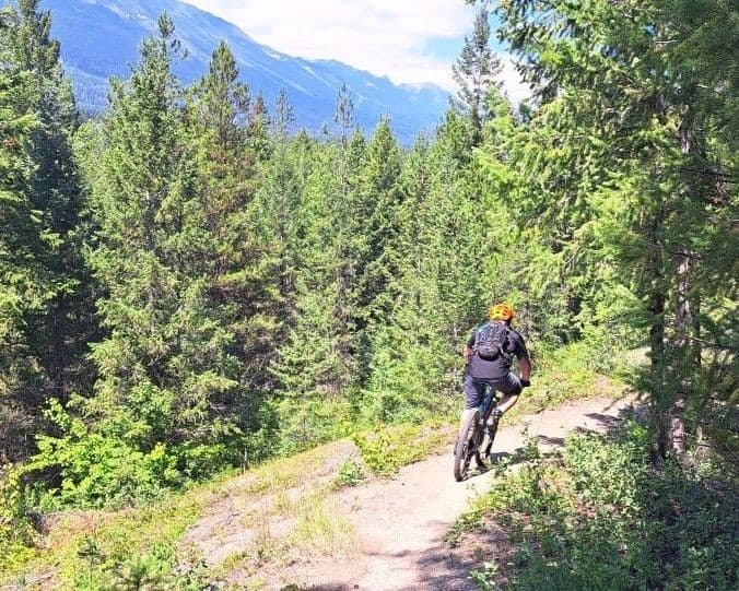 A mountain biker rides by on the fast and flowy cross-country bike trail in the Moonraker Network in Golden BC Canada