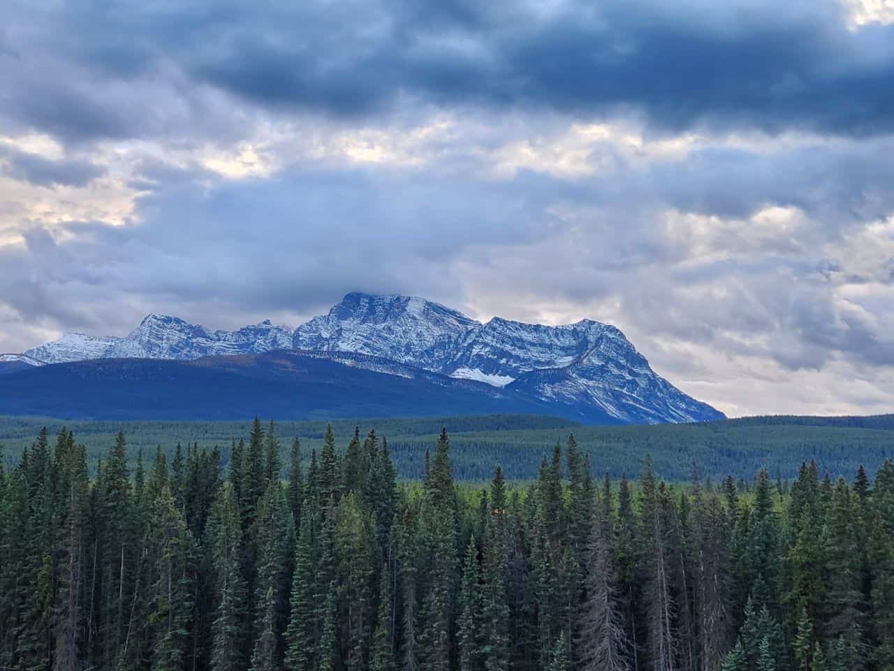 Banff Mountain views while roadtripping on the Bow Valley Highway in Alberta Canada.