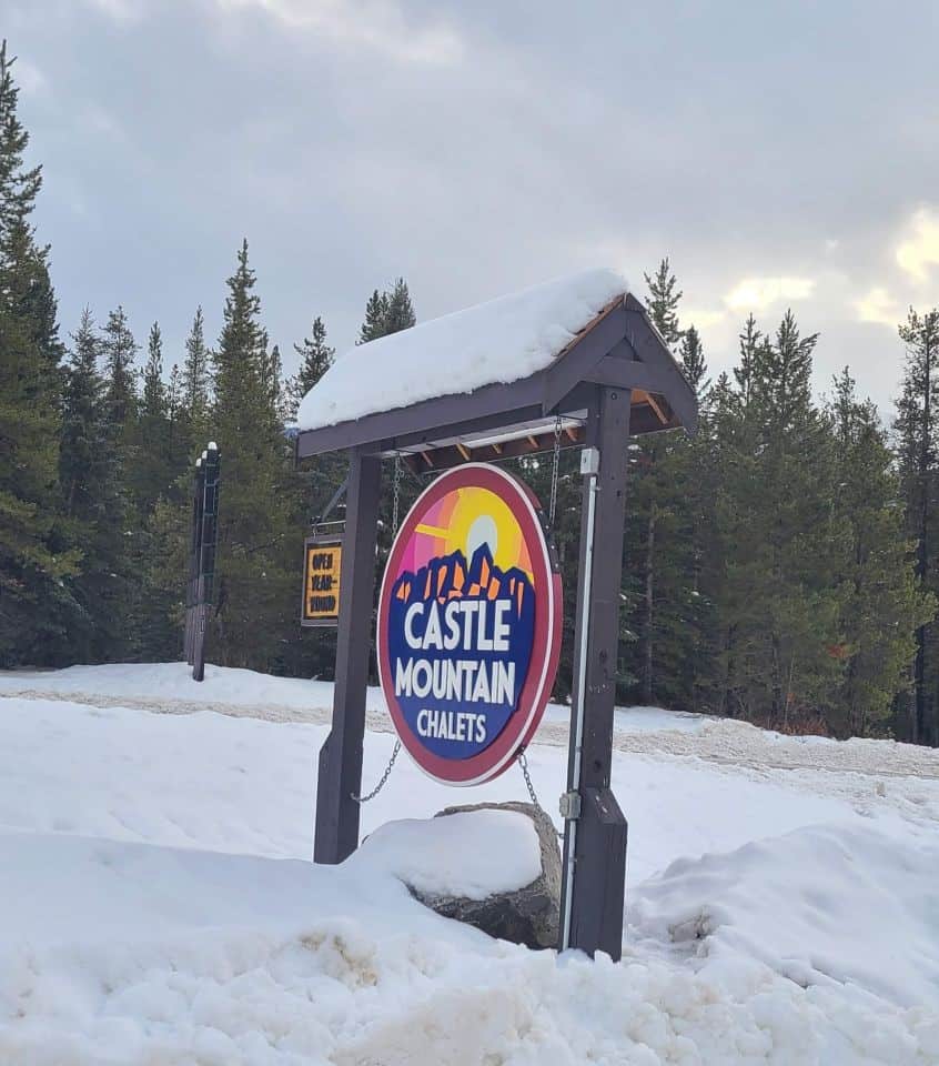 Sign for the Castle Mountain Chalets resort in Banff National Park Alberta Canada