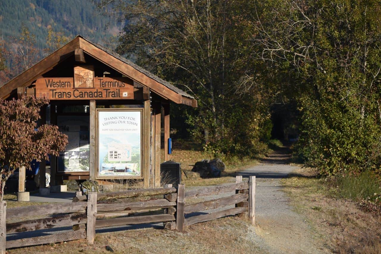 Although the the 'Mile Zero' marker for Trans Canada Trail is located at Clover Point, Victoria, the western terminus of the 28,000 km long trail is on the Cowichan Valley Rail Trail, in the town of Cowichan Lake, BC.